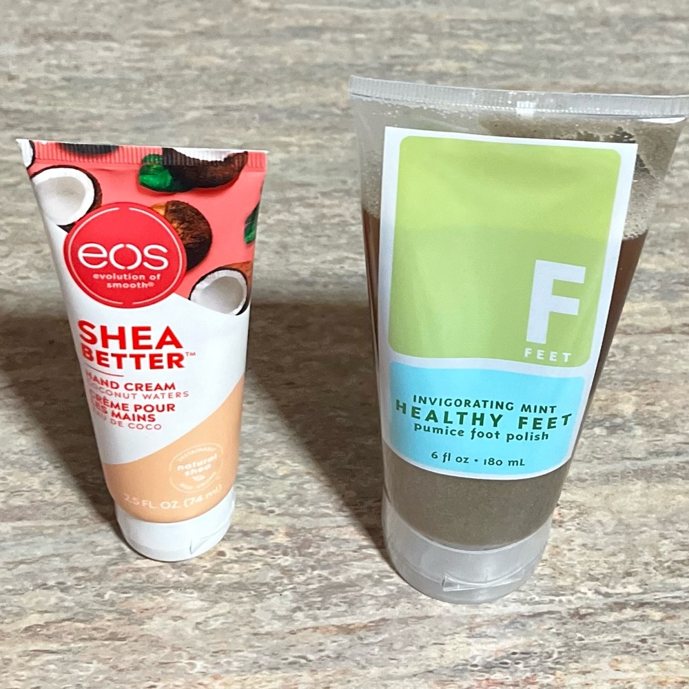 New Feet mint invigorating pumice polish and EOS Shea Butter hand cream